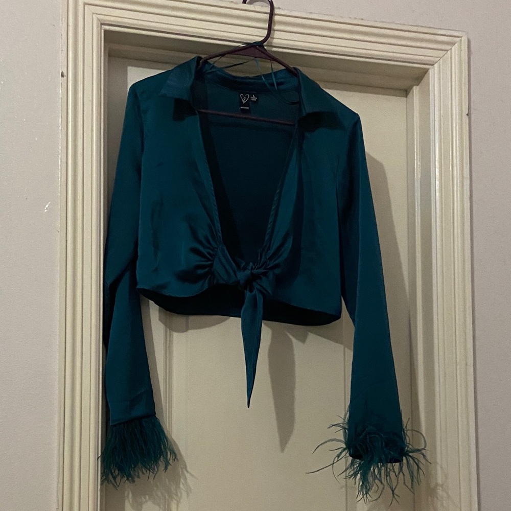 Windsor Teal Tie-Front Blouse with Feather Cuffs